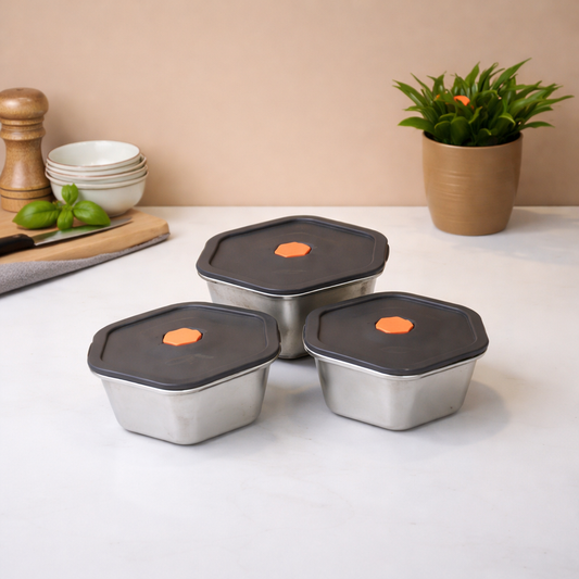 Hexagonal 3- Piece Stainless Steel Storage Boxes (1400ML, 2000ML, 2500ML)