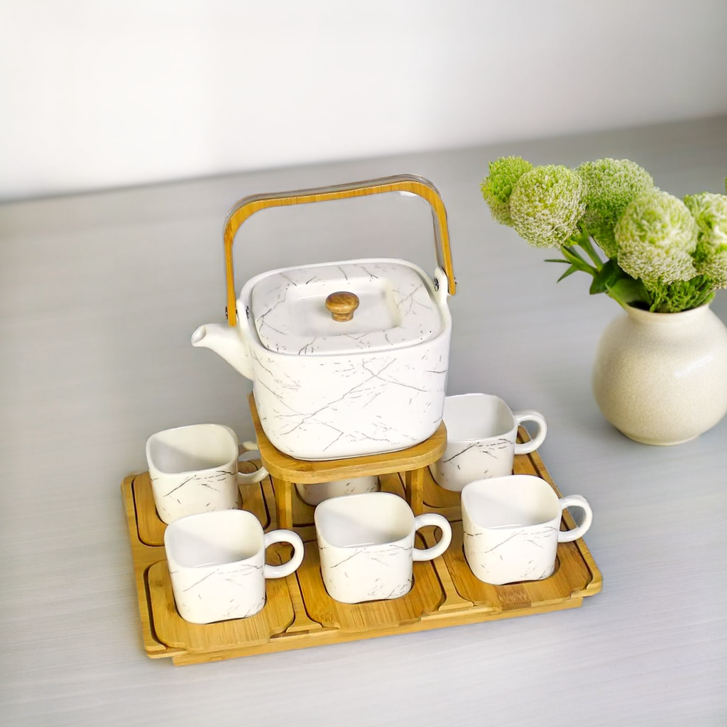 Elegant Black/White Marble Design Ceramic Coffee Set with Wooden Tray