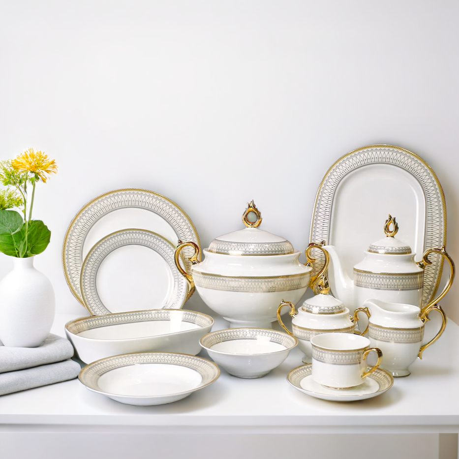 Luxury 61-Piece Bone China Dinner Set - Premium Gold-Trimmed Dinnerware