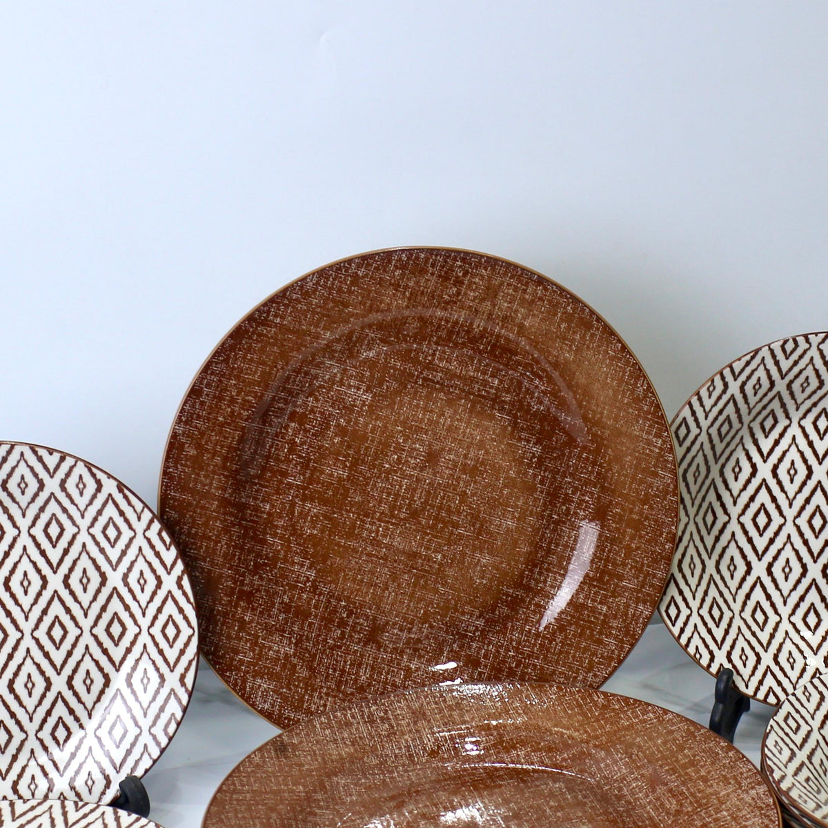 18-Piece Brown and White Ceramic Plates Set