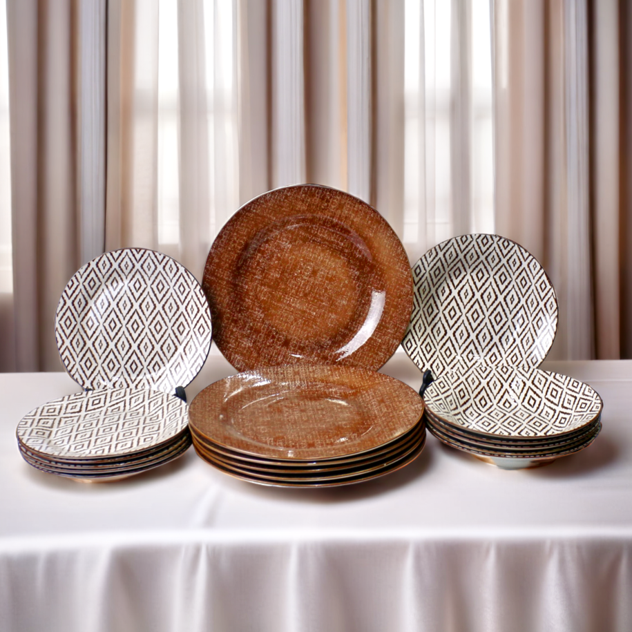 18-Piece Brown and White Ceramic Plates Set