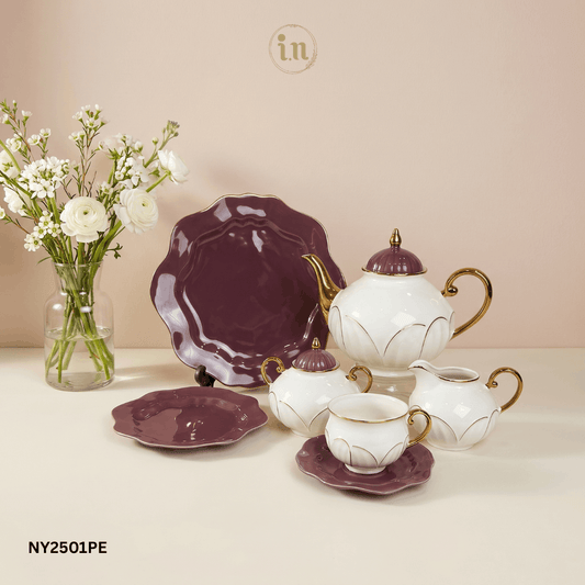 Premium Bone China 24-Piece Tea Set with Gold Detailing – Elegant Plum & White Finish