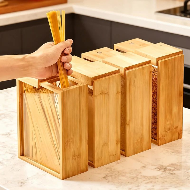 Bamboo Kitchen Storage Containers with Sliding Lid | Dry Food Organizer Jars for Rice, Pasta & Grains