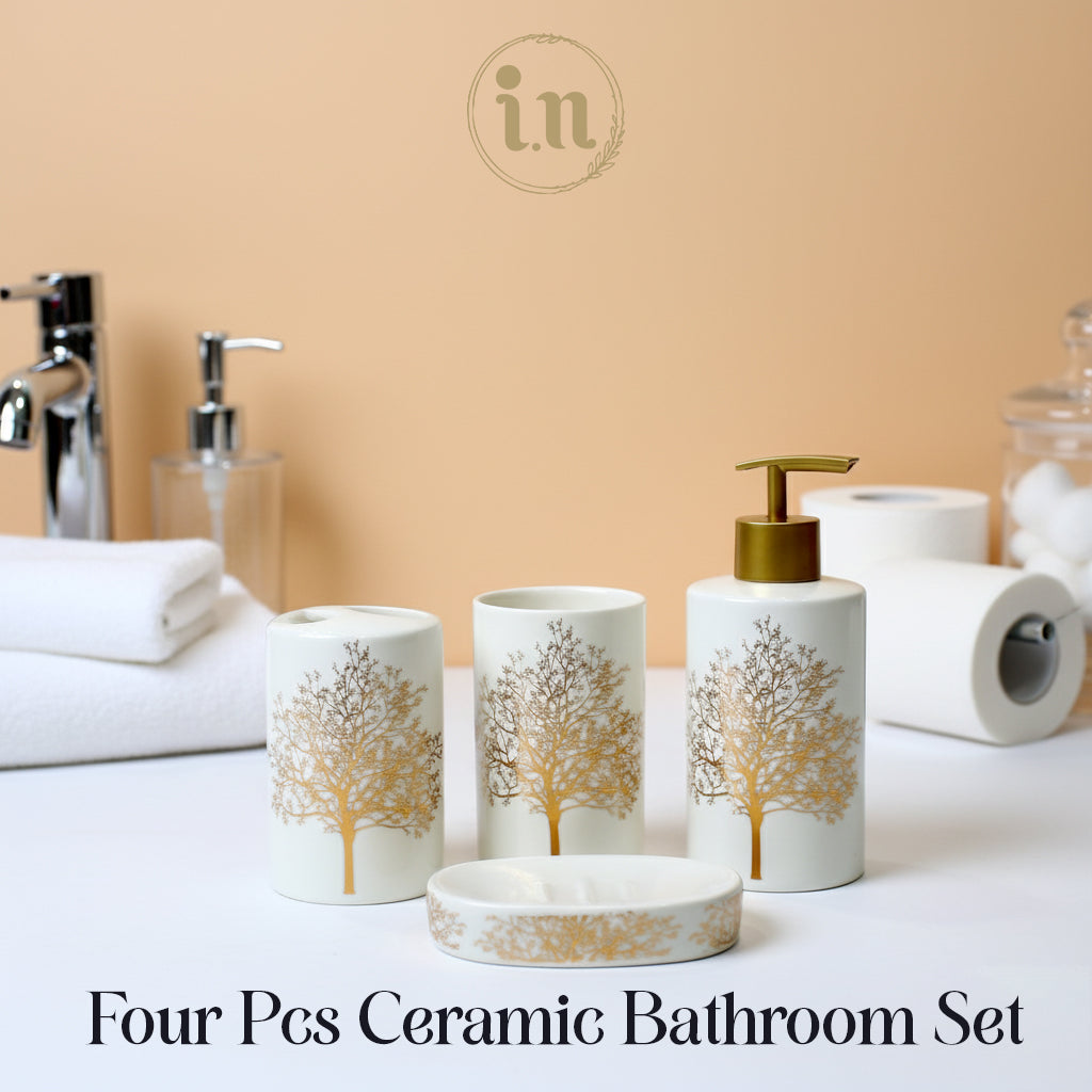 Black/White & Gold Tree Ceramic Bathroom Set – 4 Pcs Premium Set