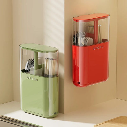 Wall Mounted Cutlery Organizer with Drainage | Dustproof Spoon, Fork & Chopsticks Storage Box