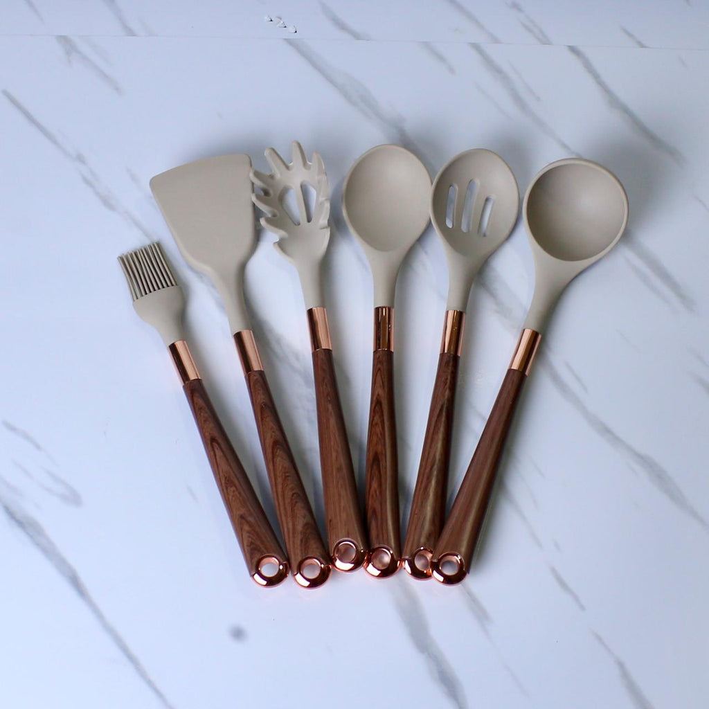 Luxurious Silicone Kitchen Utensil Set with Wood and Rose Gold Accents - 7 Piece