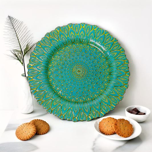 Decorative Elegant Peacock-Inspired Sea Green Glass Decoration Plate-13 inches