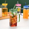 Square Glass Sipper with Handle & Straw – 400ml Leak-Proof Drinkware | Imperial Nest