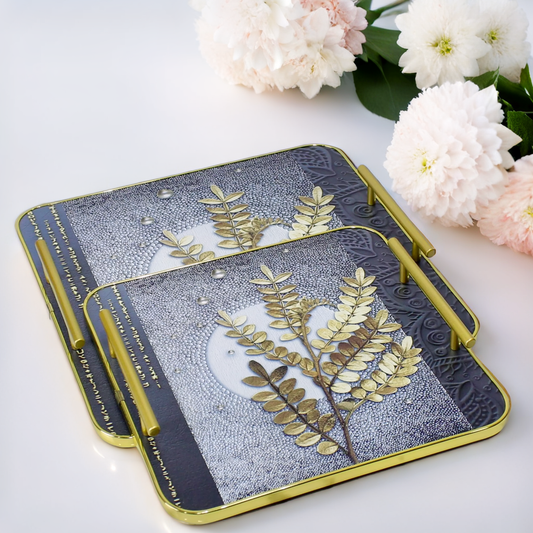 Golden Leaves Design Wooden Tray - Set of 2