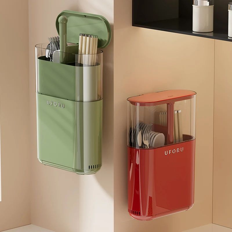 Wall Mounted Cutlery Organizer with Drainage | Dustproof Spoon, Fork & Chopsticks Storage Box