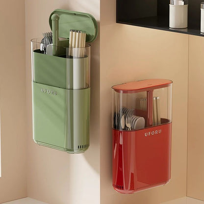 Wall Mounted Cutlery Organizer with Drainage | Dustproof Spoon, Fork & Chopsticks Storage Box