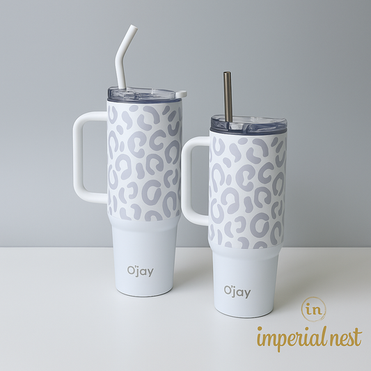 O’jay Arctic Leopard Tumbler – 40oz & 50oz | Stylish Stainless Steel, Leak-Proof, White & Grey Print