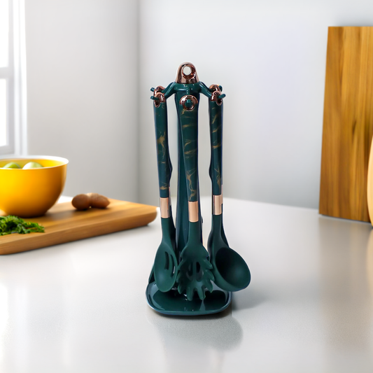 Premium Green/Black Silicone Kitchen Utensil Set with Marble Design and Rose Gold Accents - 7 Pieces