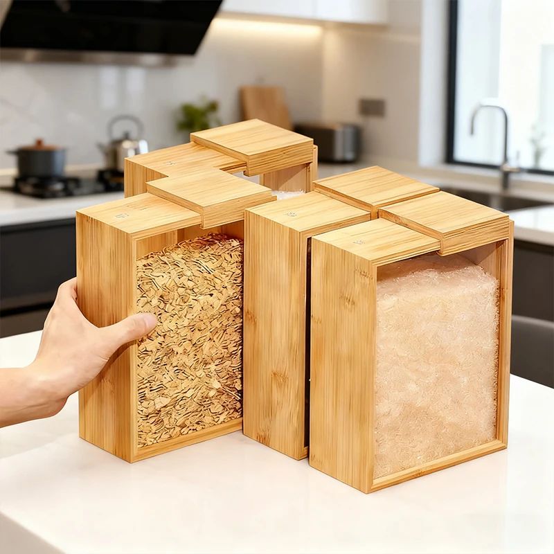 Bamboo Kitchen Storage Containers with Sliding Lid | Dry Food Organizer Jars for Rice, Pasta & Grains