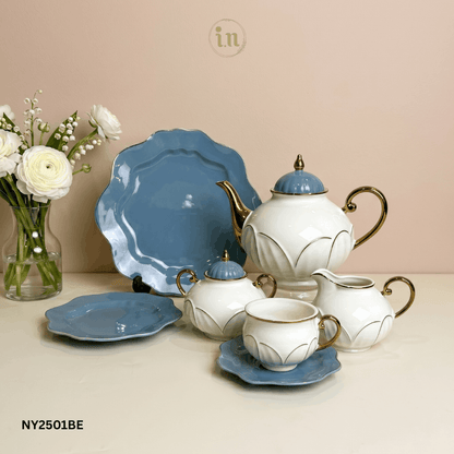 24-Piece Bone China Tea Set – White & Blue with Gold Accents