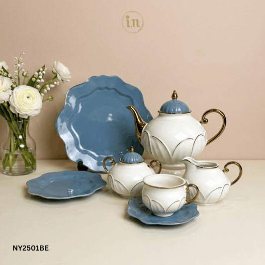 24-Piece Bone China Tea Set – White & Blue with Gold Accents