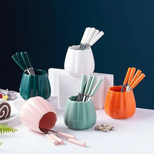 Ceramic Fruit Shape Cutlery Holder Set | Decorative Spoon & Fork Stand for Kitchen and Dining Table
