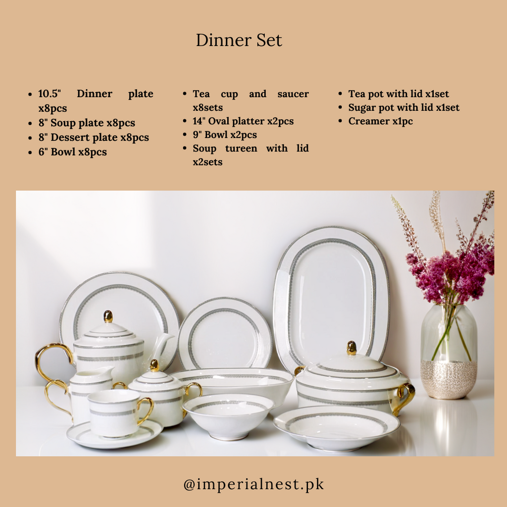 Luxurious 61-Piece Bone China Dinner Set – White & Gray Fine Tableware