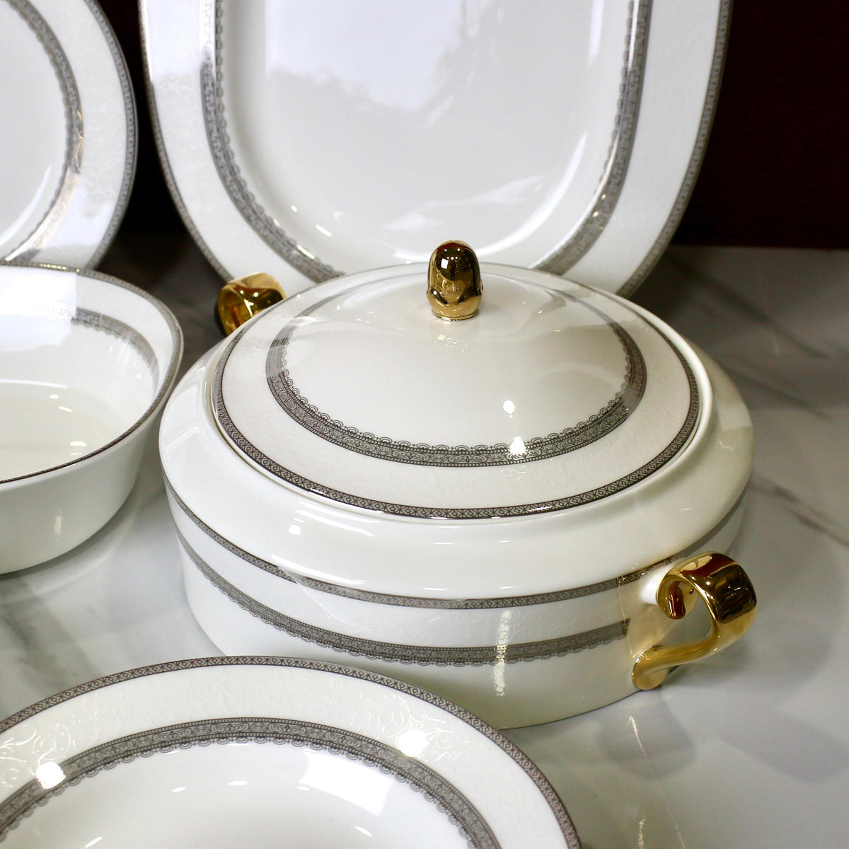 Luxurious 61-Piece Bone China Dinner Set – White & Gray Fine Tableware