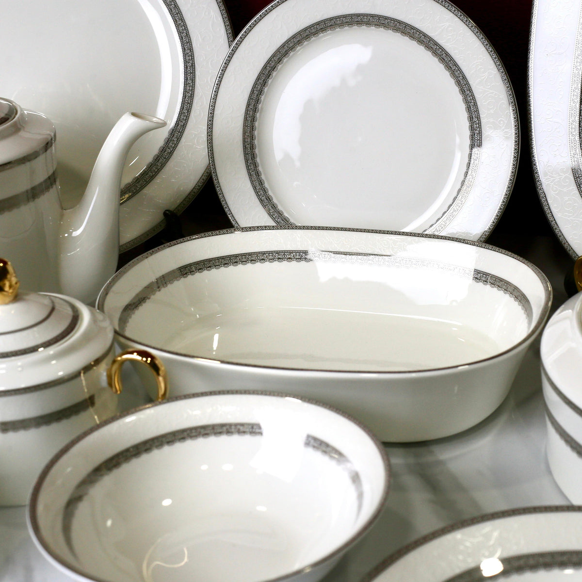 Luxurious 61-Piece Bone China Dinner Set – White & Gray Fine Tableware