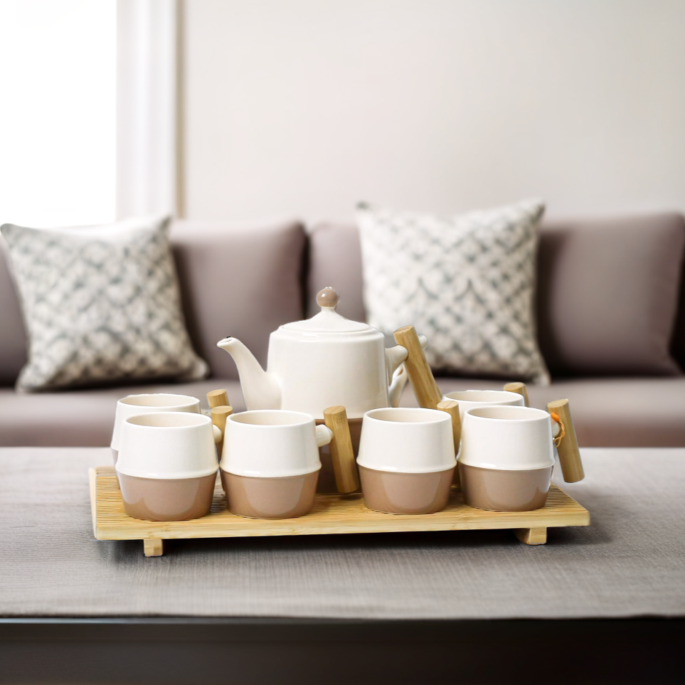 Elegant Premium Coffee Set with Six Cups and Wooden Tray
