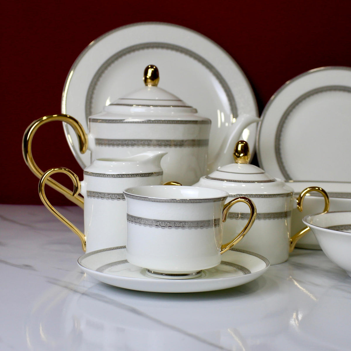 Luxurious 61-Piece Bone China Dinner Set – White & Gray Fine Tableware