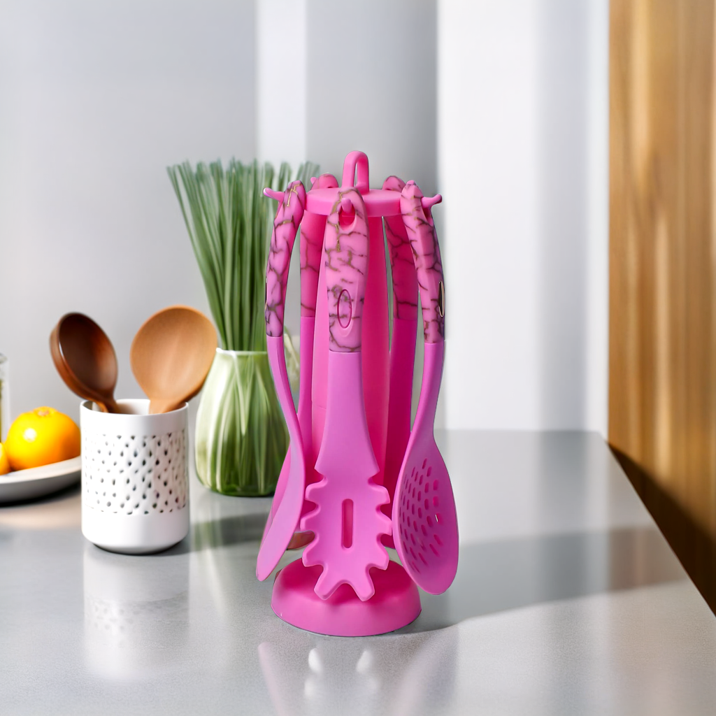 Elegant Pink Silicone Kitchen Utensil Set with Rose Gold Accents - 7 Pieces