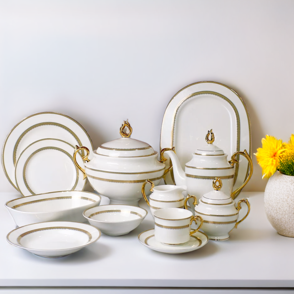 Luxurious 61-Piece White & Gold Bone China Dinner Set – Elegant Fine Tableware