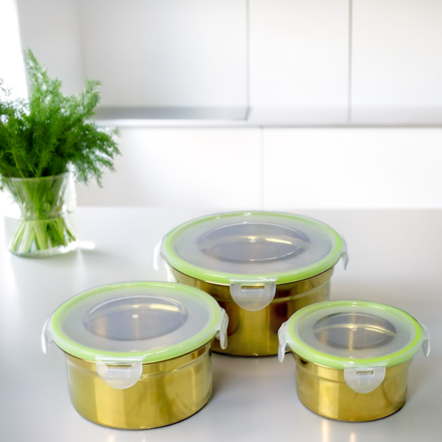 Golden Stainless Steel Food Storage Bowl Set with Airtight Lids - 4 Piece Set (10/13/15/18 CM)