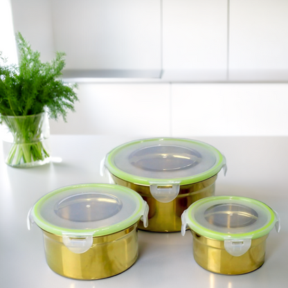 Golden Stainless Steel Food Storage Bowl Set with Airtight Lids - 4 Piece Set (10/13/15/18 CM)
