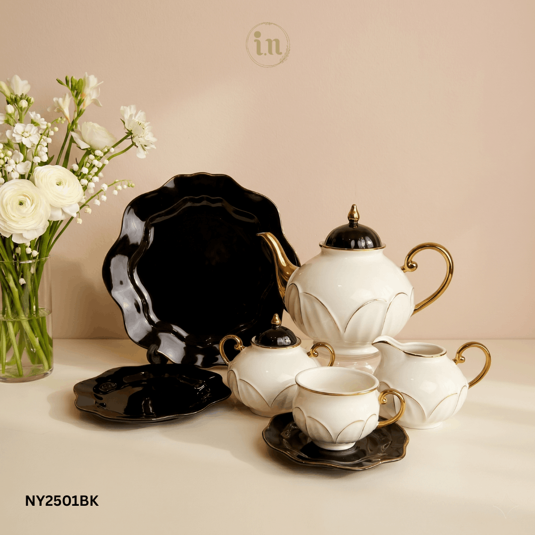 Classic 24PCS Tea Set – Black & White Bone China with Gold Rim Finish