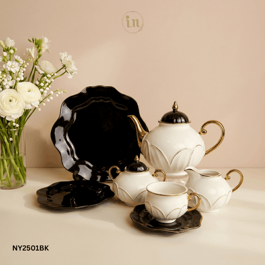 Classic 24PCS Tea Set – Black & White Bone China with Gold Rim Finish