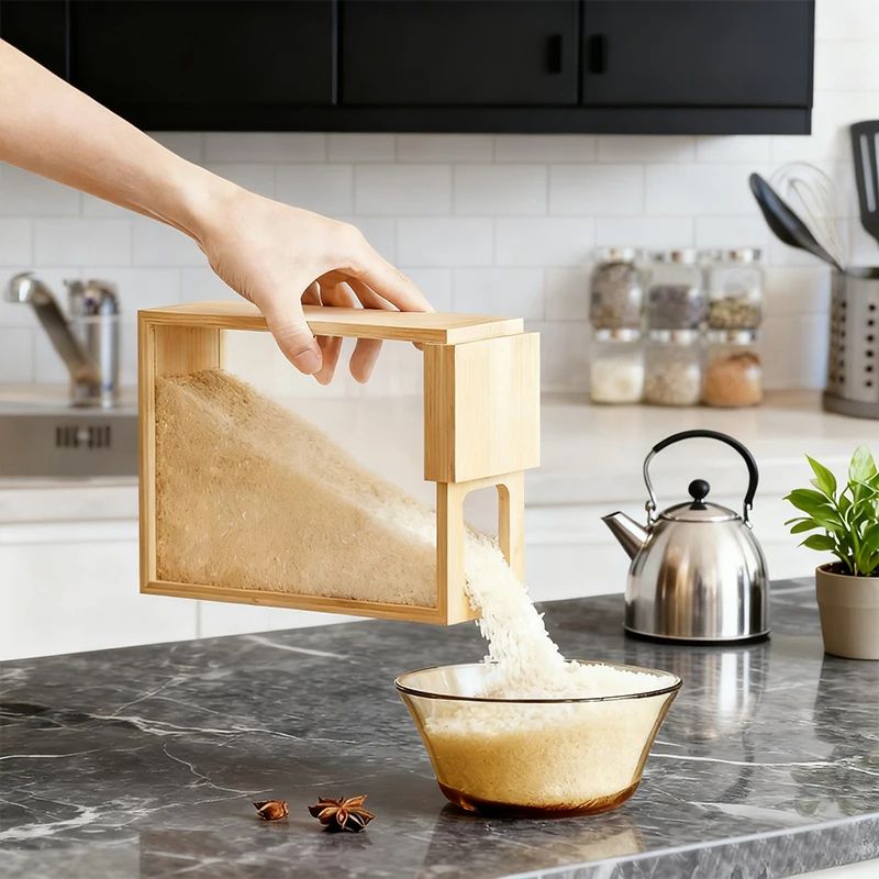 Bamboo Kitchen Storage Containers with Sliding Lid | Dry Food Organizer Jars for Rice, Pasta & Grains