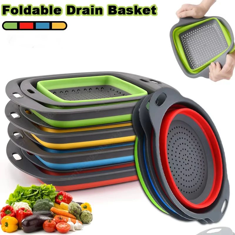 Collapsible Silicone Colander Basket | Foldable Fruit & Vegetable Washing Strainer with Handles