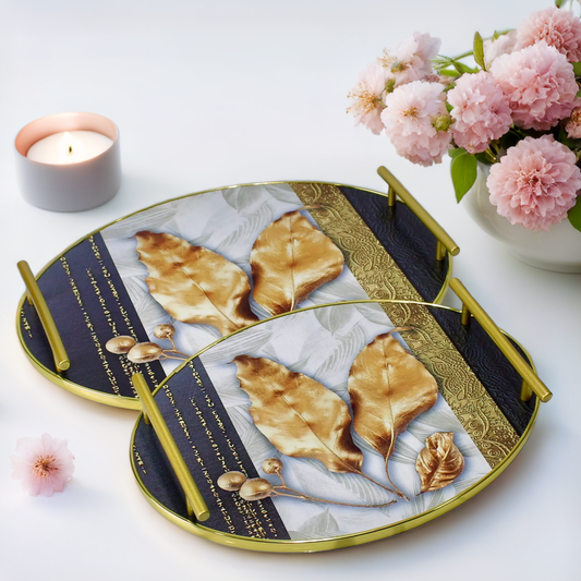 Elegant Oval Shape Wooden Tray Set with Golden Leaf Design - Set of 2