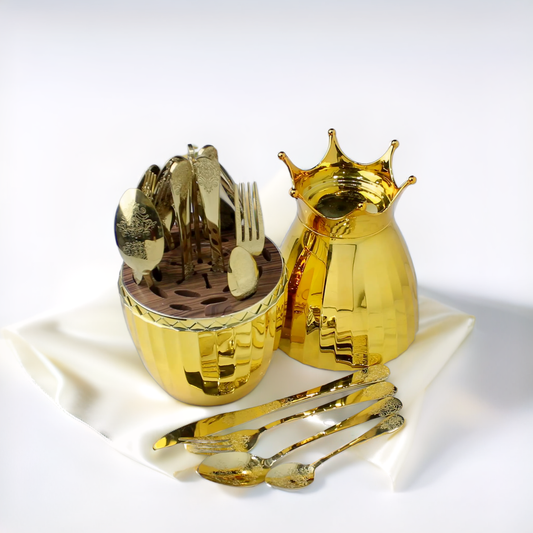 Luxury Golden Cutlery Set with Crown Holder