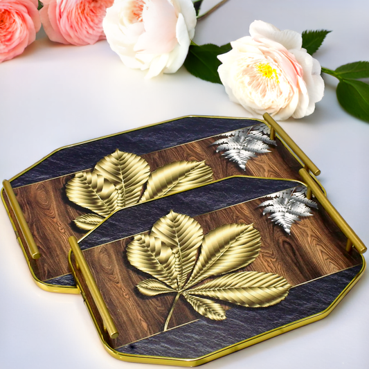 Elegant Leaf Design Wooden Tray Set of 2