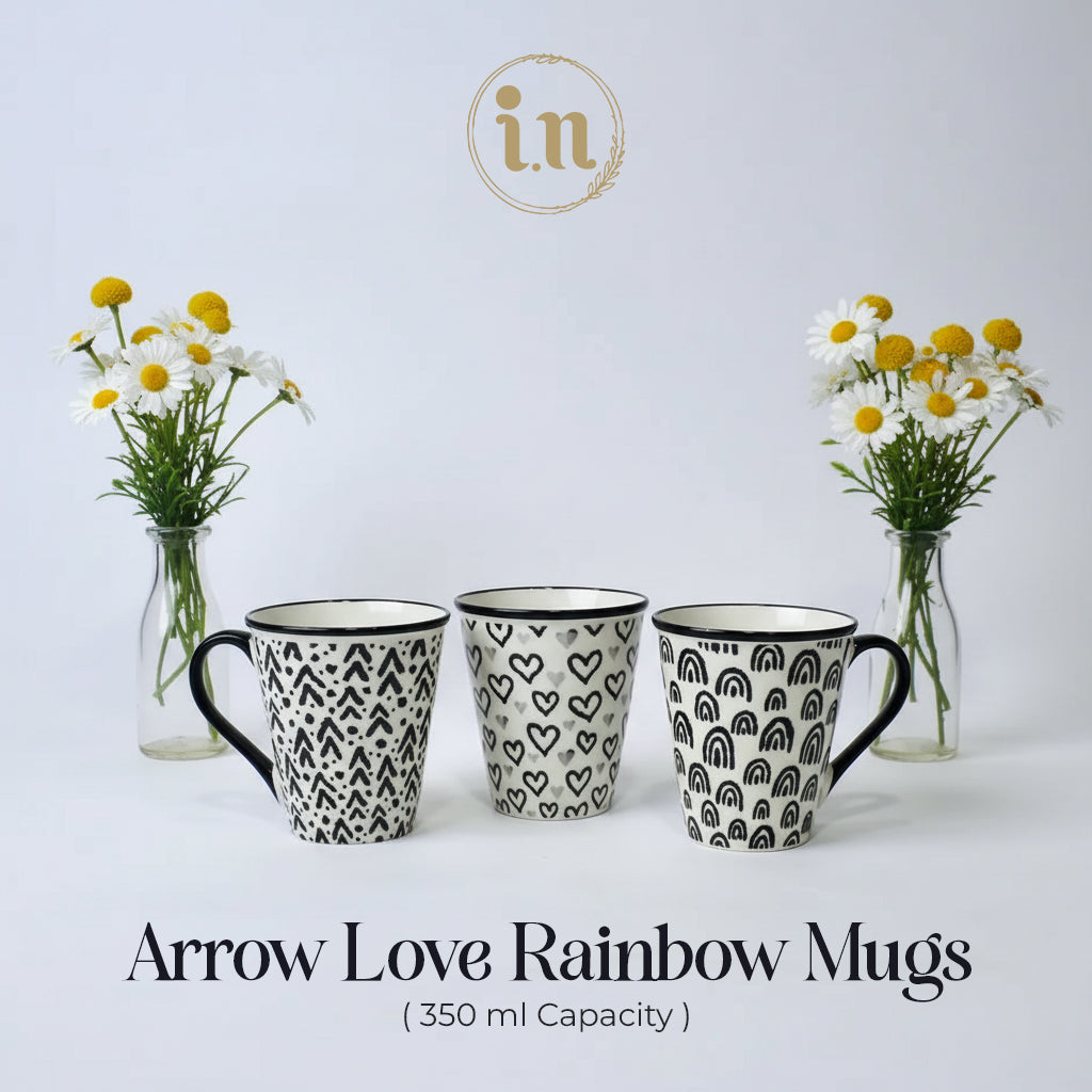 Set of 3 Black & White Ceramic Mugs – Heart & Pattern Designs | Imperial Nest