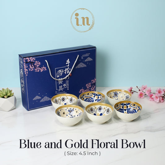 6PCS Blue & Mustard Patterned Ceramic Bowl Set with Gift Box Packaging
