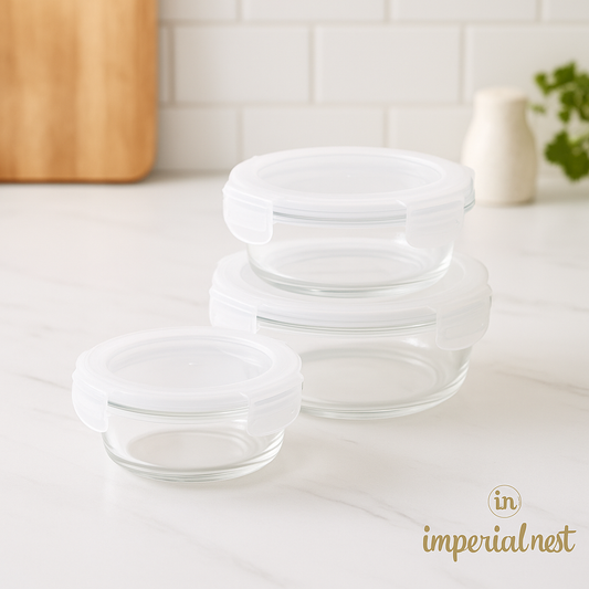 3pcs Round Glass Storage Container Set – 420ml, 660ml, 950ml | Leak-Proof & BPA-Free - Imperial Nest
