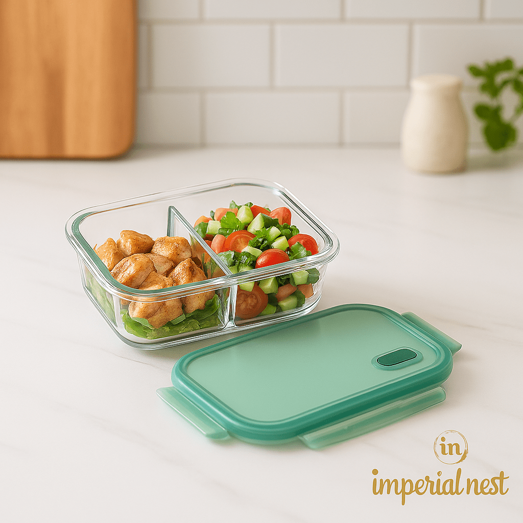 2-Compartment Glass Storage Box – 1000ml | Leakproof Meal Prep Container | Imperial Nest