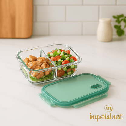 2-Compartment Glass Storage Box – 1000ml | Leakproof Meal Prep Container | Imperial Nest