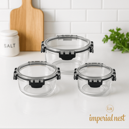 3pcs Leak-Proof Glass Storage Box Set | 400ml,620ml and 930ml Round Containers – Imperial Nest