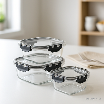 3pcs Square Glass Food Storage Containers – 320ml, 580ml, 800ml | Leak-Proof, BPA-Free