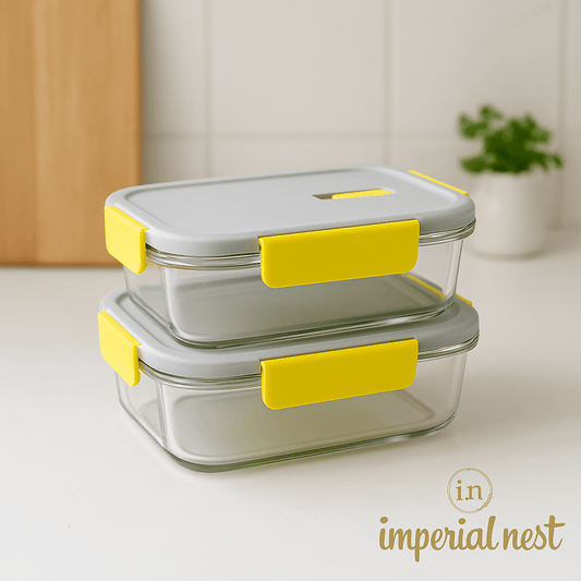 Glass Food Storage Containers | Leakproof with Yellow Locks | Imperial Nest
