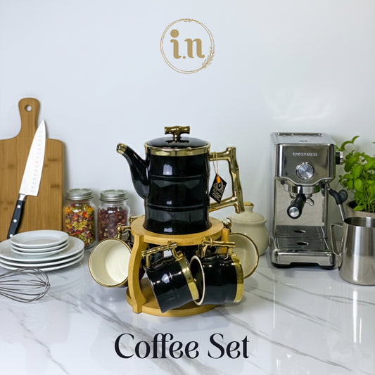 Black & Gold Coffee Set with Wooden Stand