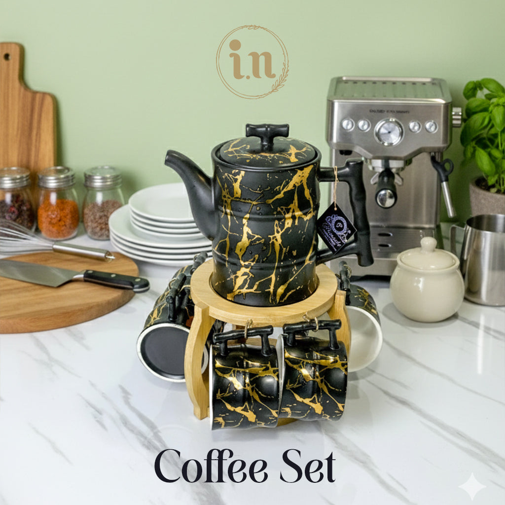 Stylish Marble Coffee Set with Wooden Stand