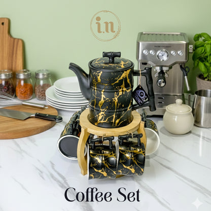 Stylish Marble Coffee Set with Wooden Stand