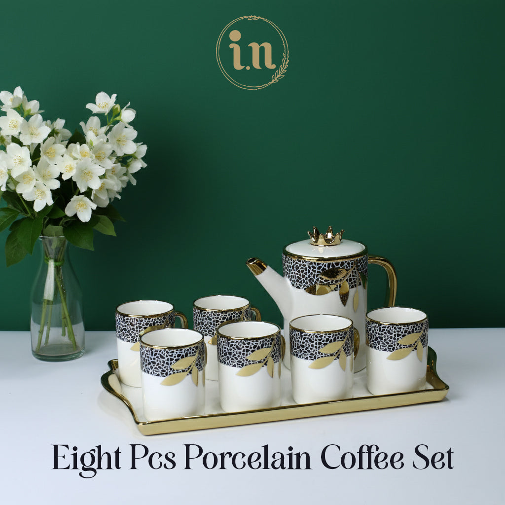 Golden Leaf Pattern Elegant Coffee Set - 8 pcs set