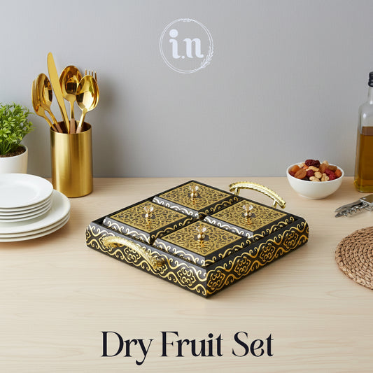 Royal Elegance Wooden Dry Fruit Tray – 4 Compartment Box